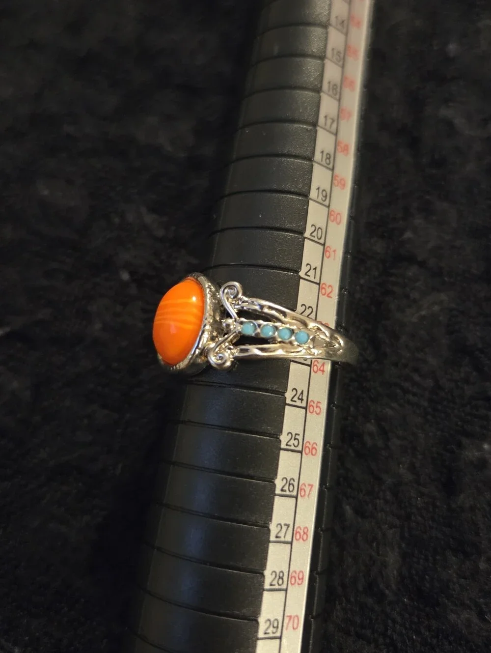 Vintage Style Silver-Tone Statement Ring - Faux Orange Stone & Blue Beads